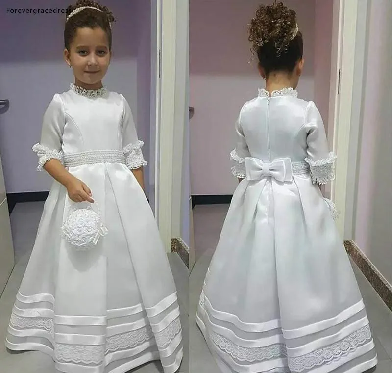 

White Lovely Cute Flower Girls Dresses Princess A Line High Neck Daughter Toddler Pretty Kids Formal First Holy Communion Gowns