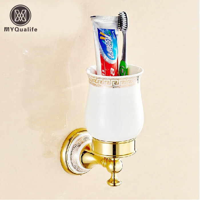 Golden & Ceramic Cup & Tumbler Holders Wall Mount Bathroom Double