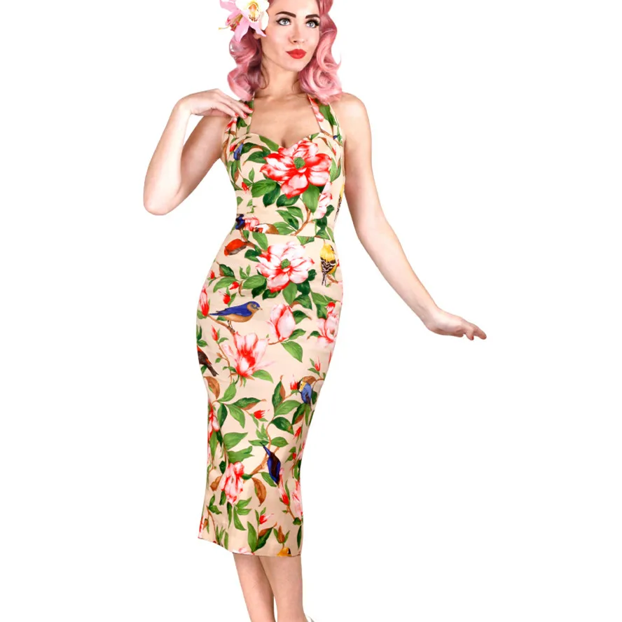

30- summer women vintage 50s camellia bird print halter wiggle pencil dress in beige pinup dresses plus size vestidos jurken