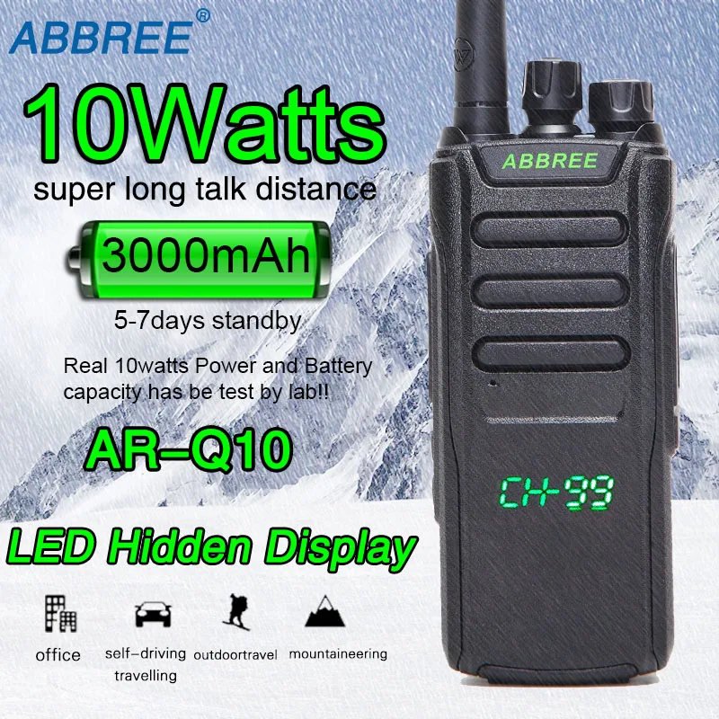 ABBREE AR-Q10 10 Вт Мощный 99CH светодиодный экран скрытого дисплея UHF 400-470 МГц 3000 мАч батарея большой радиус действия двухсторонняя рация
