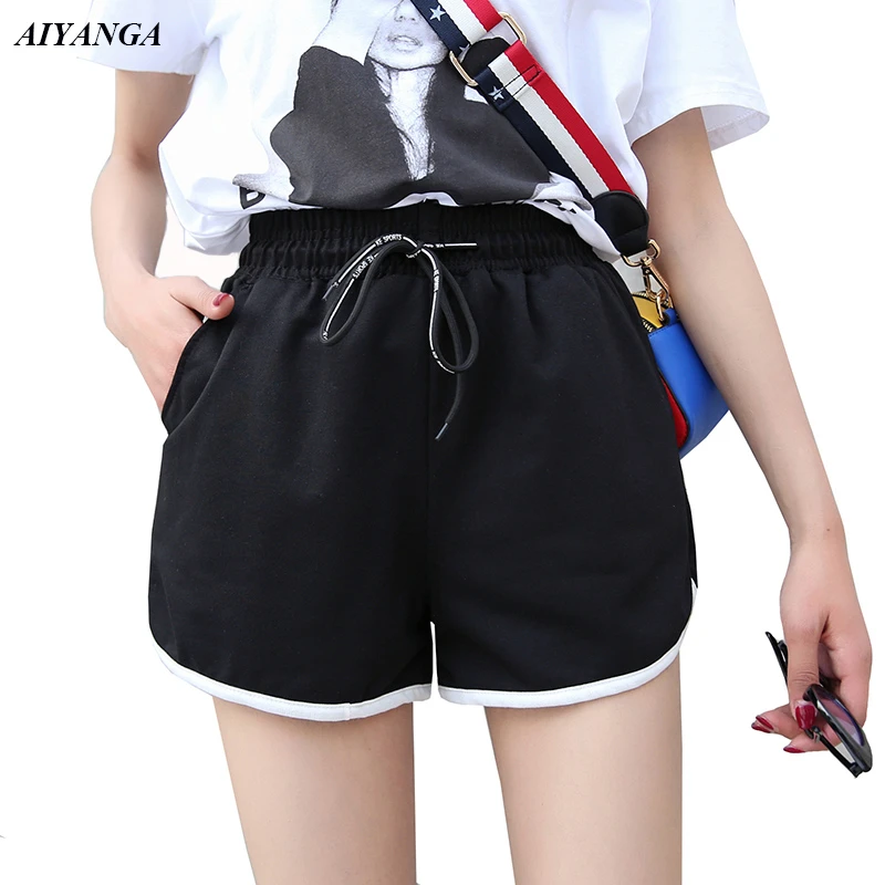 Pantalones cortos negros para mujer, informales moda para primavera y verano, cintura con cordones, ropa deportiva holgada de talla grande, 2019|Pantalones cortos| - AliExpress