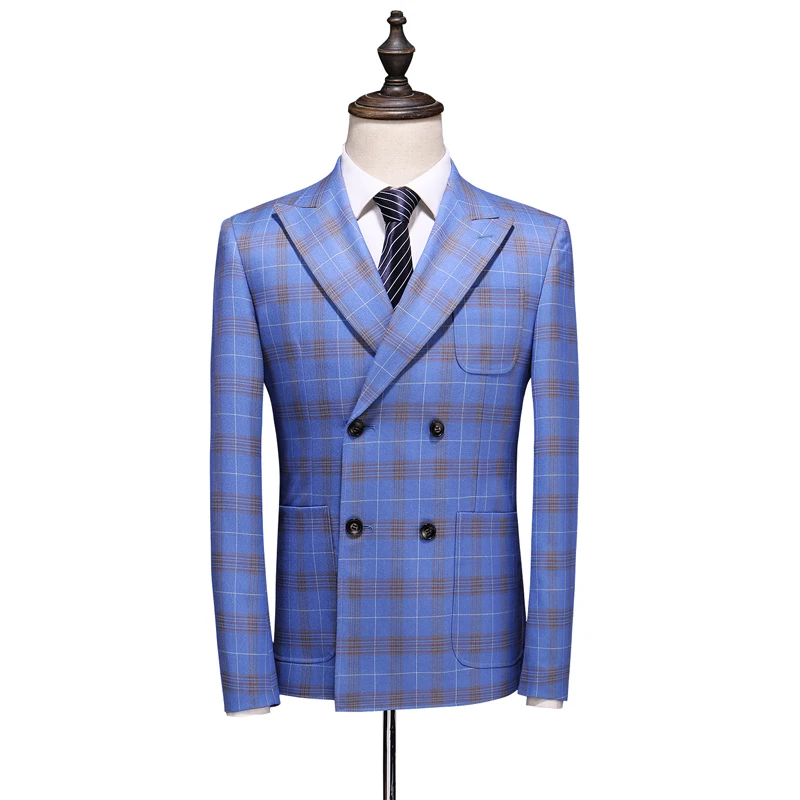 Double Breasted Plaid Suit for Men Light Blue Mens Suits Designers 2019 Terno Slim Fit Masculino Groom Wedding Suit Man Double Breasted Plaid Suit for Men Light Blue Mens Suits Designers 2019 Terno Slim Fit Masculino Groom Wedding Suit Man