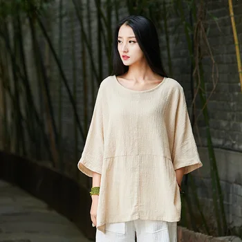 

2020 summer and autumn cotton and linen women's t shirt new products with soft bamboo half-sleeve round neck T-shirt BXF2317
