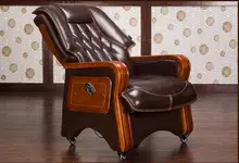 Real leather reclining chair. Solid wood four-legged computer chair. Fixed armrest leather art office chair.028