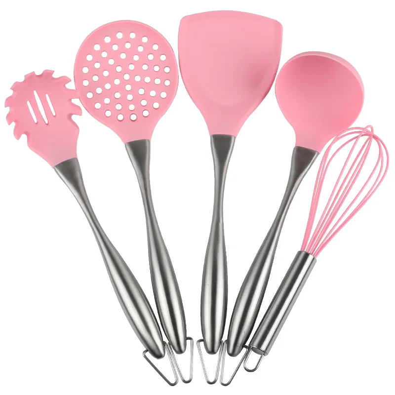 5Pcs/Set Pink/Black Stainless Steel Handle Silicone Cooking Tool Sets Egg Beater Spoon Spatula Kitchenware Kitchen Utensils Sets