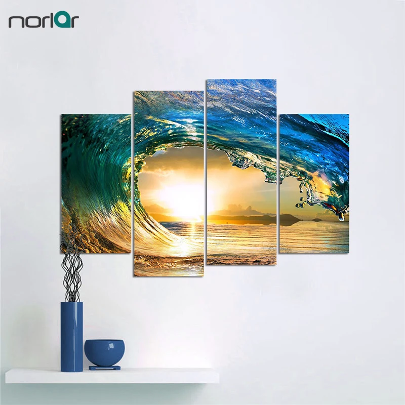 

A A Four Cascade Canvas Wall Painting Pictures Eye of The Waves And Sunset Beach Home Decoration Unframed