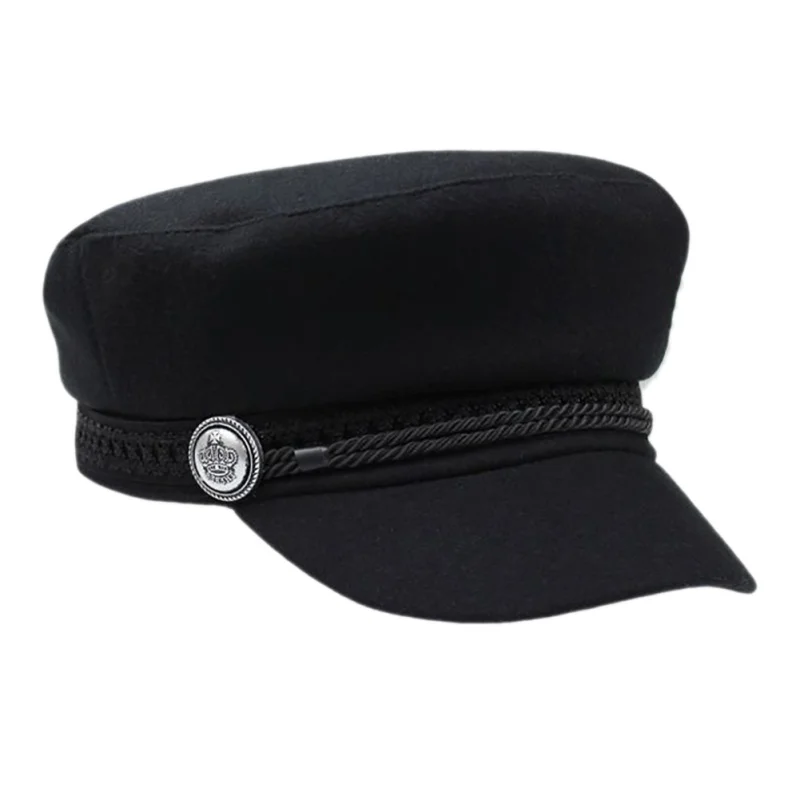 

Golf Outdoor Warm Hat Octogonal Button Wool Baseball Sun Caps 2018 NEW Black Cap Women Street-wear Solid Flat Cap Rope