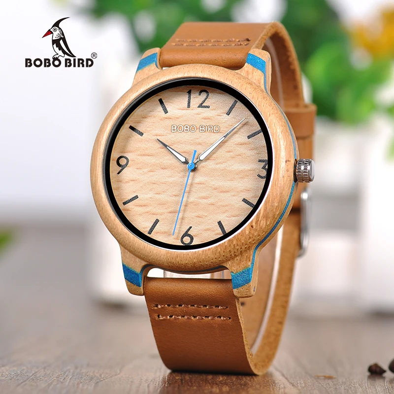 BOBO BIRD Bamboo Watches Leather band Watch Quartz Wristwatches Fashionable Timepieces for Men and Women C-aQ22