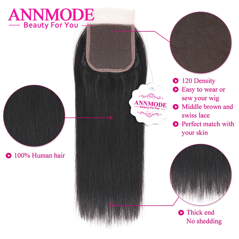 Annmode 2/3/4 Bundles Brazilian Straight Hair With Lace Closure Non Remy Hair Extensions Human Hair Bundles With Closure