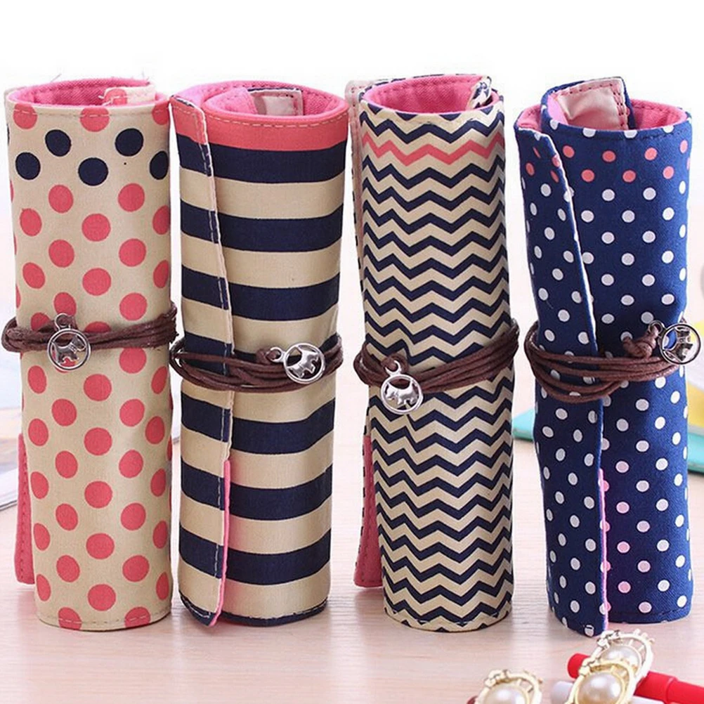 New Canvas Pencil Case Pencil Bag Wave DotStripe Roll Up Bag Escolar Estuche Box Stationery Cute Estojo Portable Gifts 4 Colors