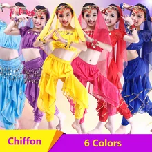 2017 New Girl Belly Dance Costumes 5Pcs(Veil&Headwear+Top+Bracelets+Waist Chain+Pant) Chiffon Bellydance Coins Skirt Belly Dance