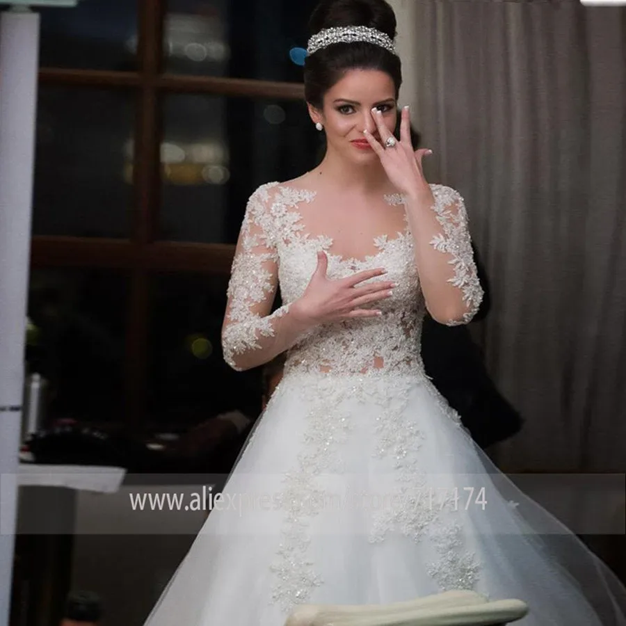 

Scoop Tulle Neckline Full Sleeves A-line Wedding Dress with beading Lace Applique Illusion Back Bridal Dress Vestido de novia