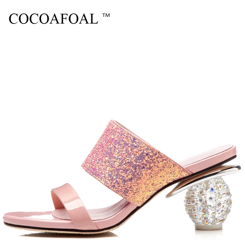 

COCOAFOAL Women Sandbeach Slippers Summer Genuine Leather High Heels Crystal Slides Sandbeach Pink Black Bling Wedding Slides