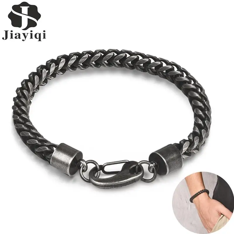 

Jiayiqi Retro Silver Black Chain Bracelets for Men's Jewelry 316L Stainless Steel Miami Cuban Link Chain Punk Hand Accessories