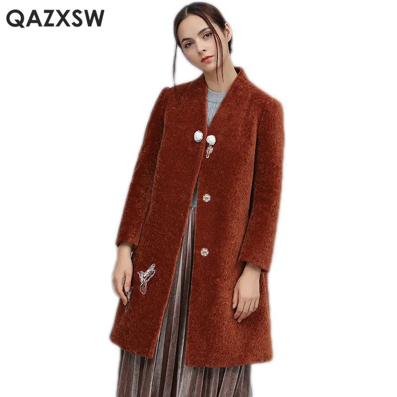 QAZXSW для женщин реальные меховая кашемировая шерстяное пальто Новинка 2019 года Зимняя мода вышивка товары для птиц Кашемировые Куртки Abrigos