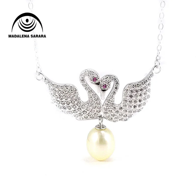 

MADALENA SARARA Sterling Silver S925 8mm AAA Freshwater Pearl Pendant Chain Necklace Swan Style
