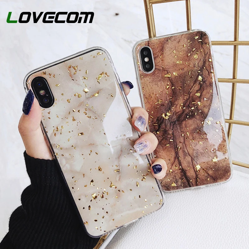 

LOVECOM Glitter Gold Powder Marble Phone Case For iPhone XR X XS Max 7 8 6S Plus Soft Epoxy Full Body Cover Coque Sequins Shell