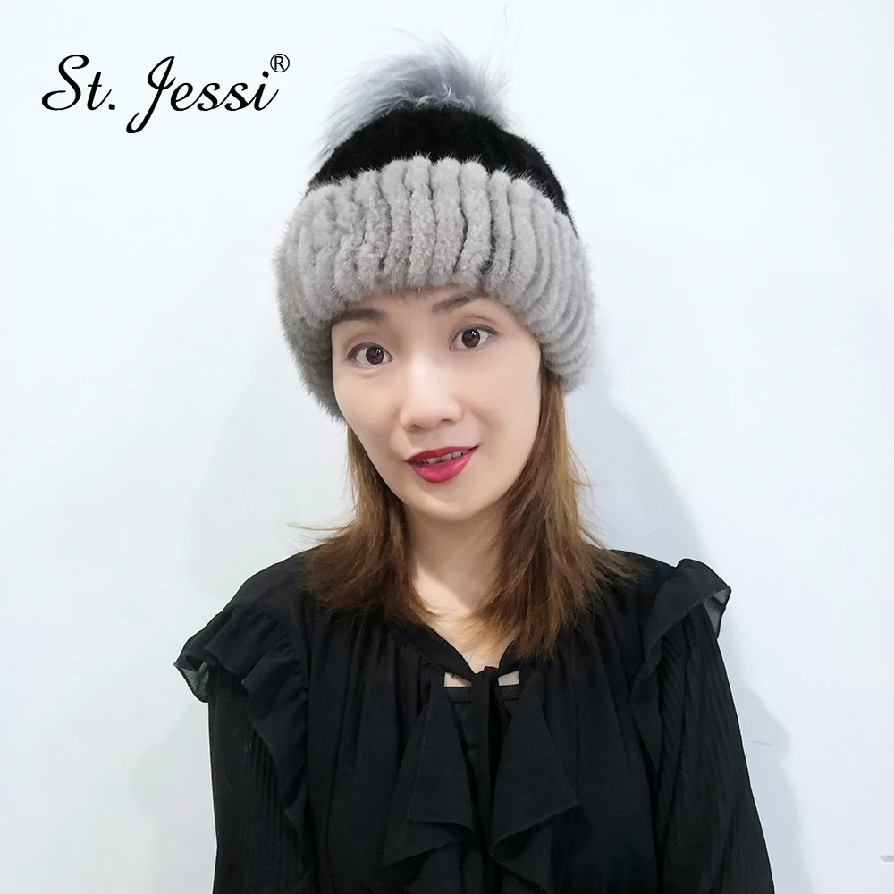 

ST.Jessi 2019 New Women's Real Fur Cap Assorted Color Natural 100% Mink Fur Hat Big Size Fox Fur Ball Winter Warm Beanies Caps