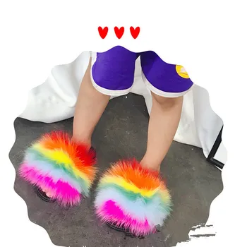 

Wholesale 100% Real Fox Slippers Kids Winter Fur Child Home Slides Girls sliders Raccoon Fluffy Chinelo Flats Beach Summer