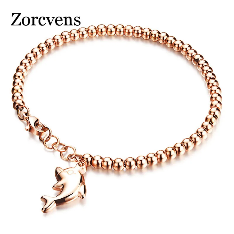 

ZORCVENS Dolphin Pendant Bracelets Woman's Beaded Stainless Steel Steel Rose Gold Color Cute Girls Jewelry Gift