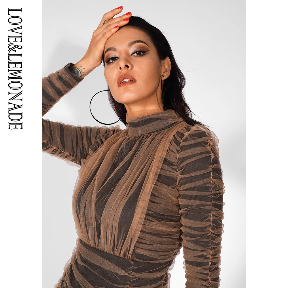 

Love&Lemonade Stand Collar Nude Mesh Pleated Stitching Long Sleeve Bodycon Dress LM81539