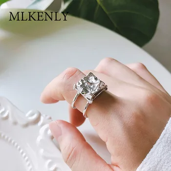 

MLKENLY 925 Sterling silver Ring open silver Open ring Square CZ Irregular mound texture Ring for women charms fine jewelry