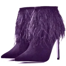 Замшевые ботильоны с острым носком и кисточка с длинными перьями; ботинки на тонком высоком каблуке; пикантные женские уличные полусапожки с бахромой; Bottine