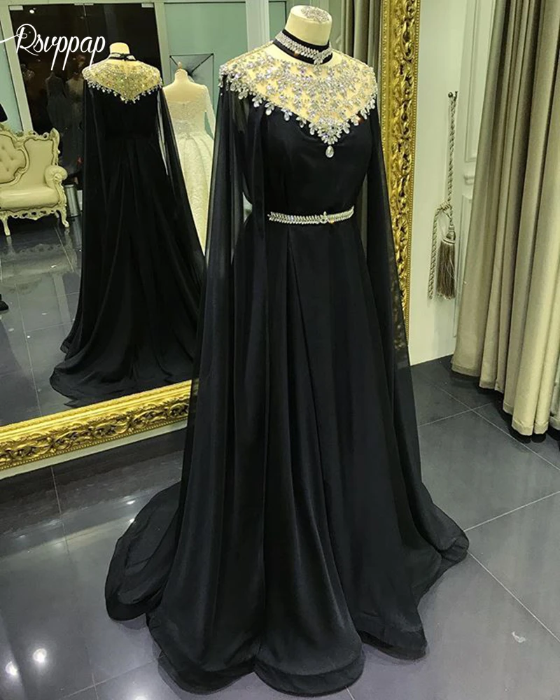 Lange Arabische Stijl Avondjurk 2019 Hoge Hals A-lijn Kralen Kristallen Libanon Ontwerp Vrouwen Zwarte Chiffon Formele Avondjurken Lange Arabische Stijl Avondjurk 2019 Hoge Hals A-lijn Kralen Kristallen Libanon Ontwerp Vrouwen Zwarte Chiffon Formele Avondjurken