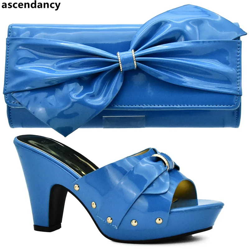 

New Sky Blue Color Nigerian Party Shoe and Bag Sets Women Shoes and Bag Set In Italy Sales In Women Matching Shoes and Bag Set