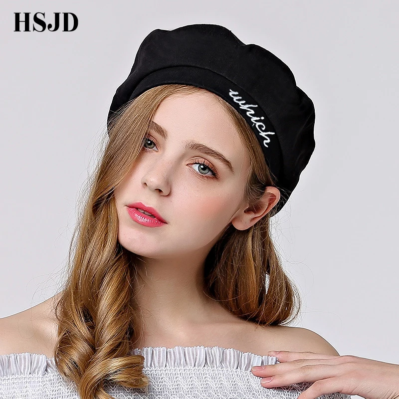 

Spring Autumn Female Letter Embroidery Wool Beret Solid Color Octagonal Cap Hats Cute Girl Stylish Artist Painter Newsboy Caps