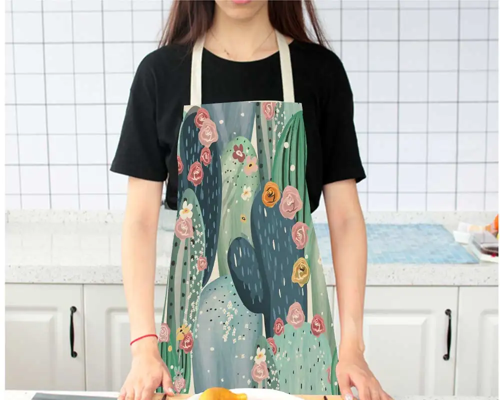 

Popular Eco-friendly Printed Tropical Cactus Design Well Sewing Cleaning Sleeveless Back Tie Linen Apron For Women
