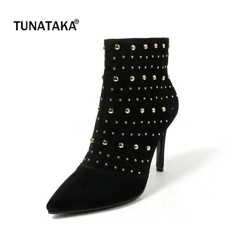 

Suede Thin High Heel Pointed Toe Woman Ankle Boots Fashion River Zipper Dress Boots Ladies Black