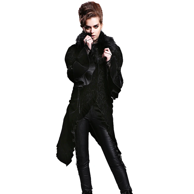 Weibliche Mit Mantel Abnehmbaren Steampunk Langen Schwarz Velveten Halsketten Print Punk Pattern Jacke Jacken Retro Winter Kunstwolle R3AL45j