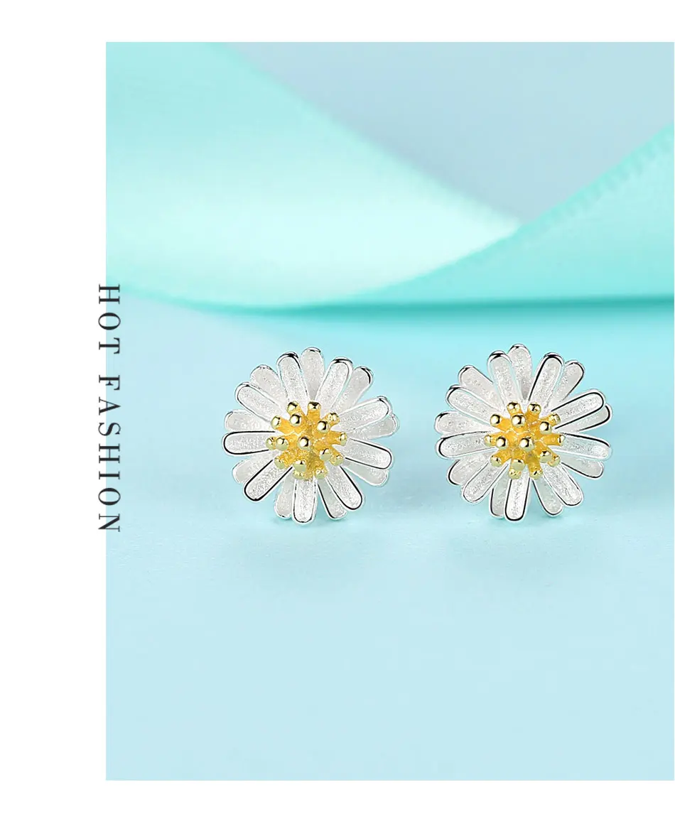 ELESHE 925 пробы серебряные хризантемы цветок маргаритки маленькие серьги-гвоздики для женщин модные золотые серьги серебряные украшения