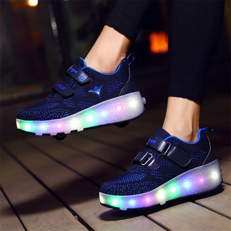 العلامة التجارية الاطفال أحذية الطفال 2019 USB heelies احذية رياضية مع مزدوجة اثنين عجلة مصباح ليد يصل أحذية الفتيات و الفتيان مضيئة تزلج الأحذية