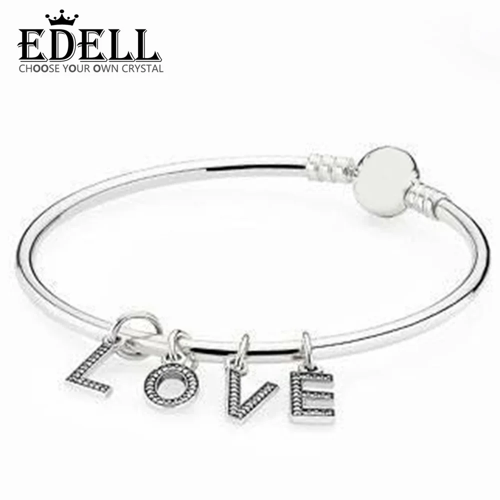 

EDELL 100% 925 Sterling Silver 1:1 Letter dangle with cubic zirconia BANGLE BRACELET Love Romantic Valentine's Day Gift Set