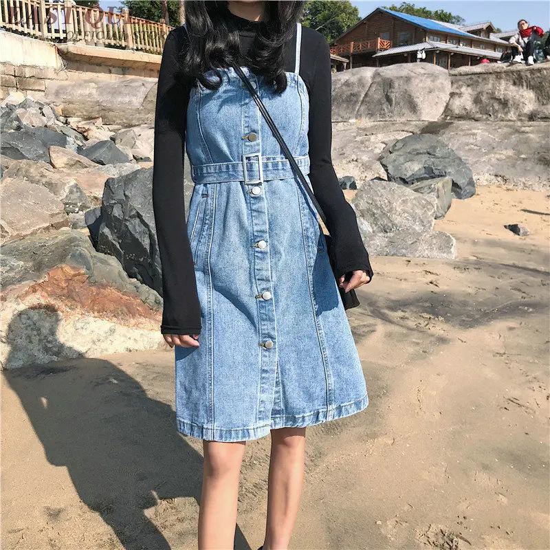 

Pinafore dress women denim sundress jean dresses women 2018 new arrivals streetwear sleeveless woman winter dress 2018 KK2142