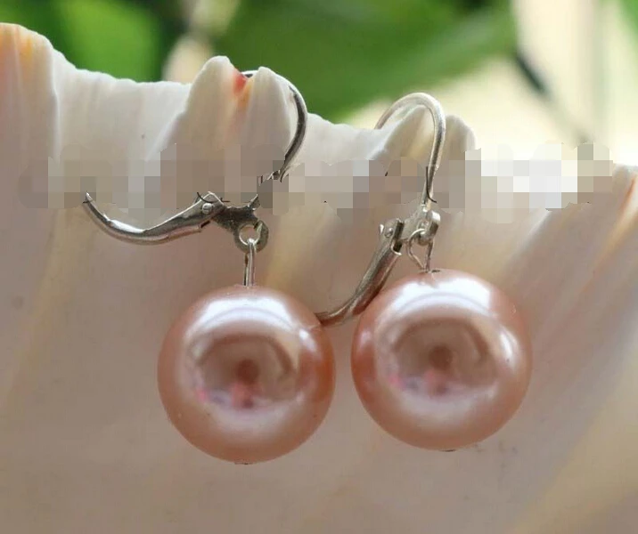 

Free shipping >>>>>>Natural 14mm pink Round Shell Pearl Earrings 925ss #f1712