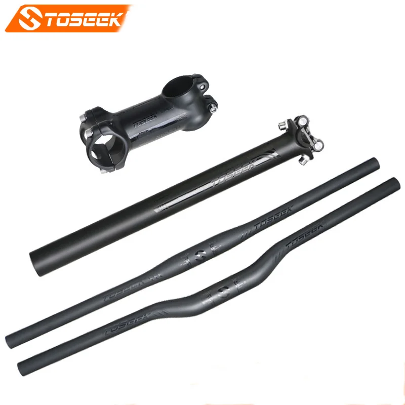 Toseek Carbon bicycle seatpost stem Bike Handlebar Set UD Flat Riser