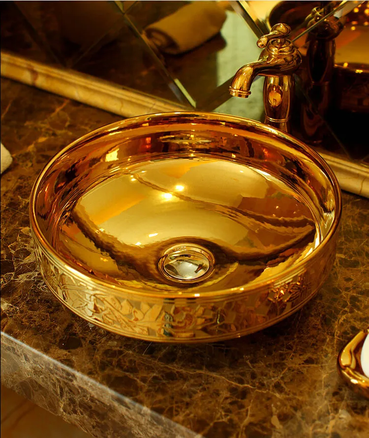 Gold Jingdezhen Bathroom ceramic sink wash basin Counter Top Wash Basin