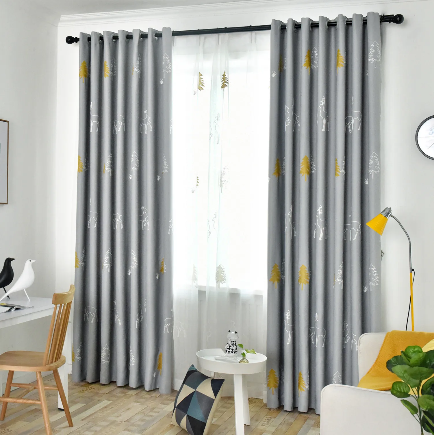 

Nordic Idyllic Embroidery Forest Deer Full Shade Art Living Room Bedroom Floating Windows Custom Curtains Finished Curtains