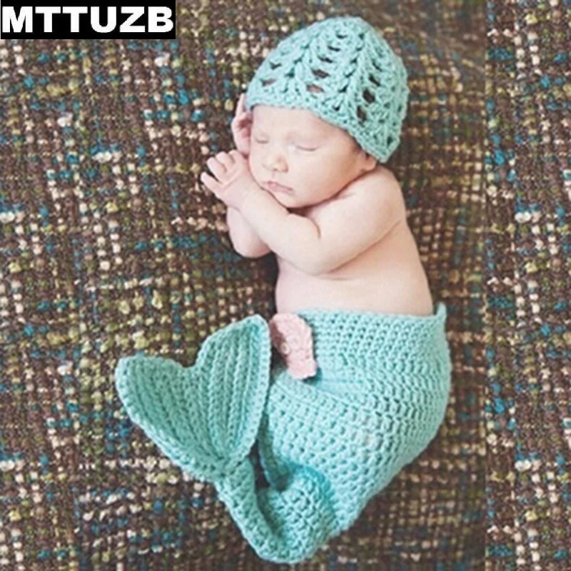 

MTTUZB 0-3 month infant mermaid Photography Props set newborn fashion Crochet Outfits hat suit baby boys girls photo props