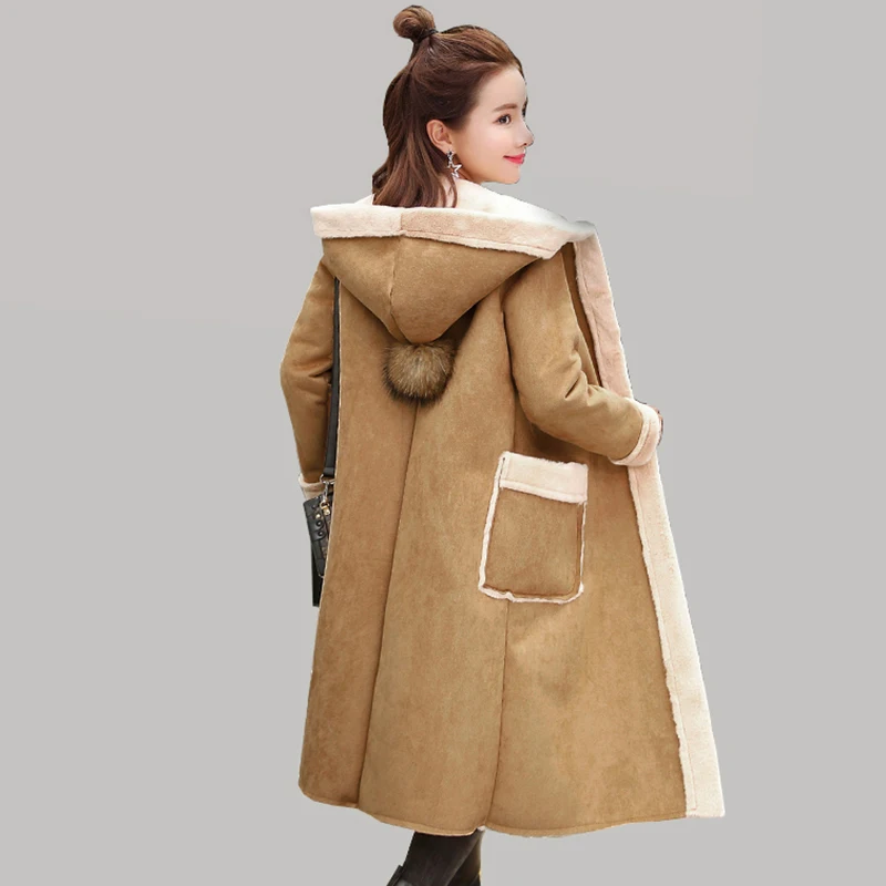 

Women's winter Suede leather coat clothing long Slim Hooded thick warm Suede Plush jacket female coat Plus size outerwear QH1230