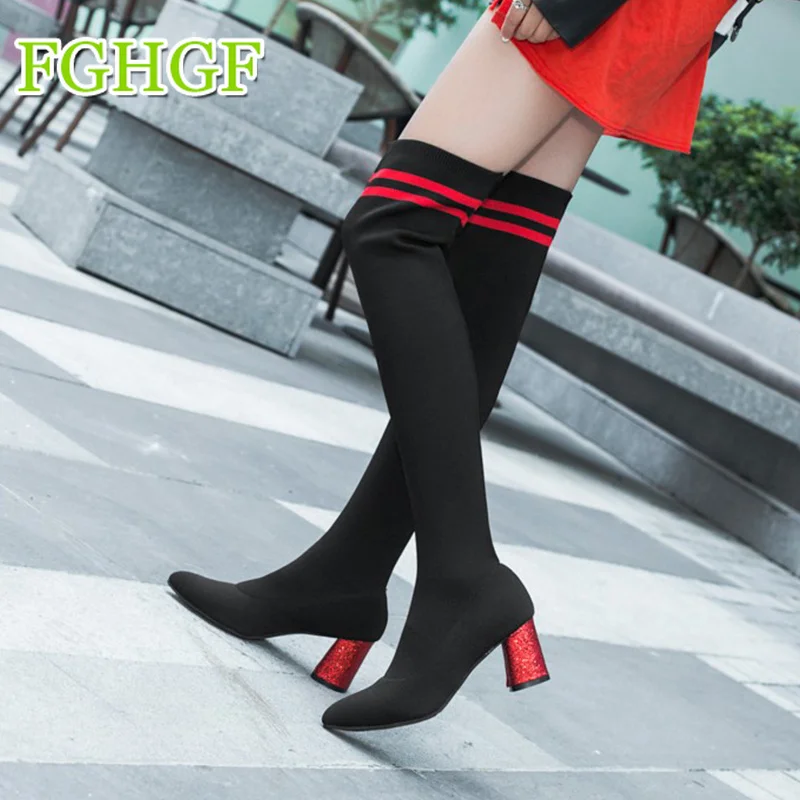 

2018 Winter New Stretch Fabric Women Over The Knee Boots Slip on Female Socks Boots Fashion Stiletto Boots for Womens