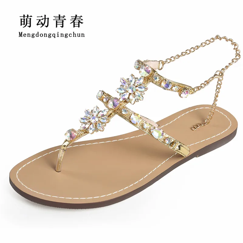 Prix 2018 Femme Sandales Femmes Chaussures Strass Chaînes String Gladiateur Cristal Plat Talons Sandales Cinq Couleur Plus La Taille 46