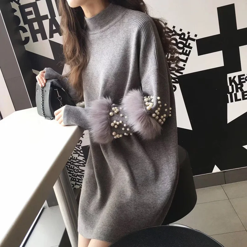 Women Winter Faux Fur Sweater Fashion Pearls Turtleneck Knitted Pullover Female Rabbit Fur Embellish Long Sweaters jumper