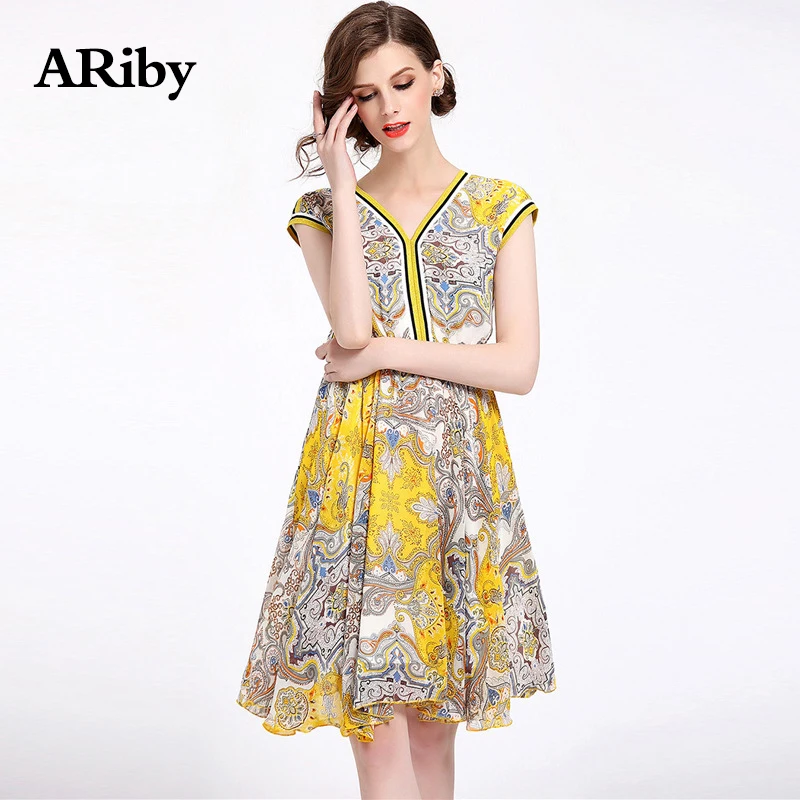 Women Dress V Collar Maxi Dress 2019 Summer New Fashion Casual Lady Slim Print Sleeveless Knee-Length A-Line Sweet Yellow Dress