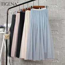 TIGENA модная блестящая женская фатиновая юбка летняя Корейская Высокая талия плиссированная длинная юбка женская черная розовая школьная Солнцезащитная юбка