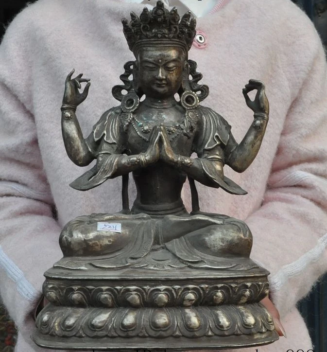 

Old Tibet buddhism Fane Silver 4 Arms Chenrezig kwan-yin GuanYin Buddha statue A