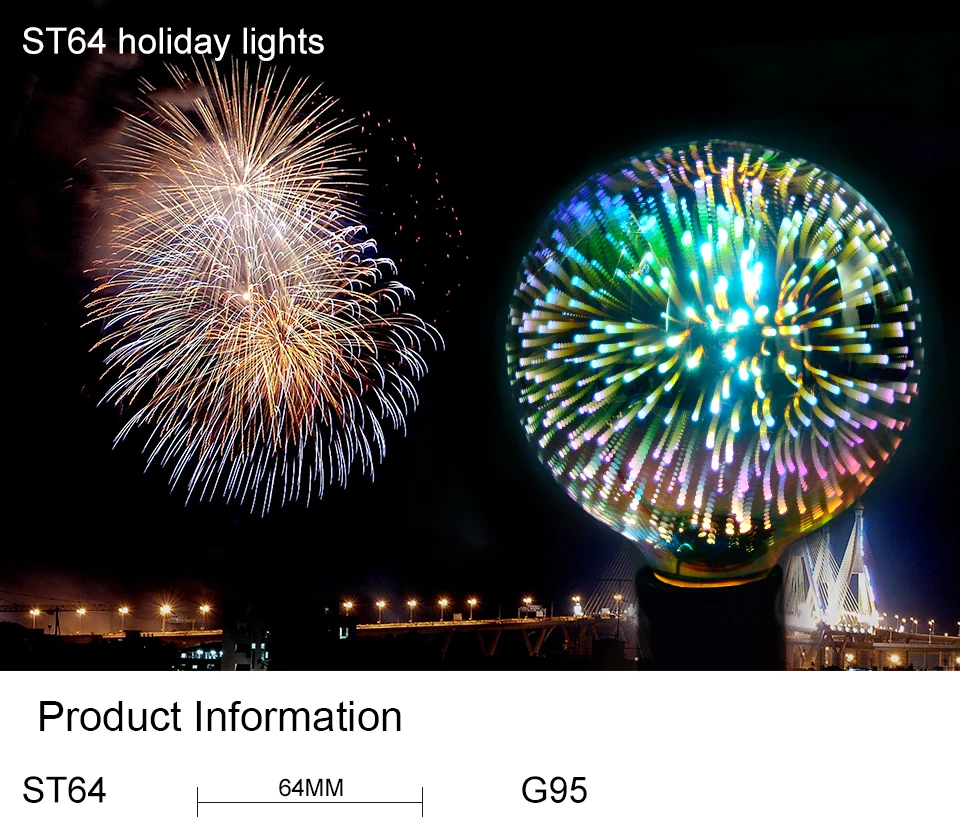 E27 светодиодный светильник, новинка, 3D, фейерверк, снежинка, декоративная лампа Эдисона, 85-265 в, ST64 G95, праздничный, Рождественский Декор, детский подарок